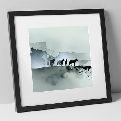Silent Sentinels of the Mist wild horses art print in black frame