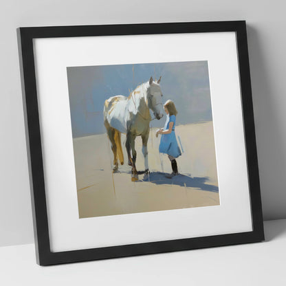 A Quiet Connection horse & rider art print in black frame