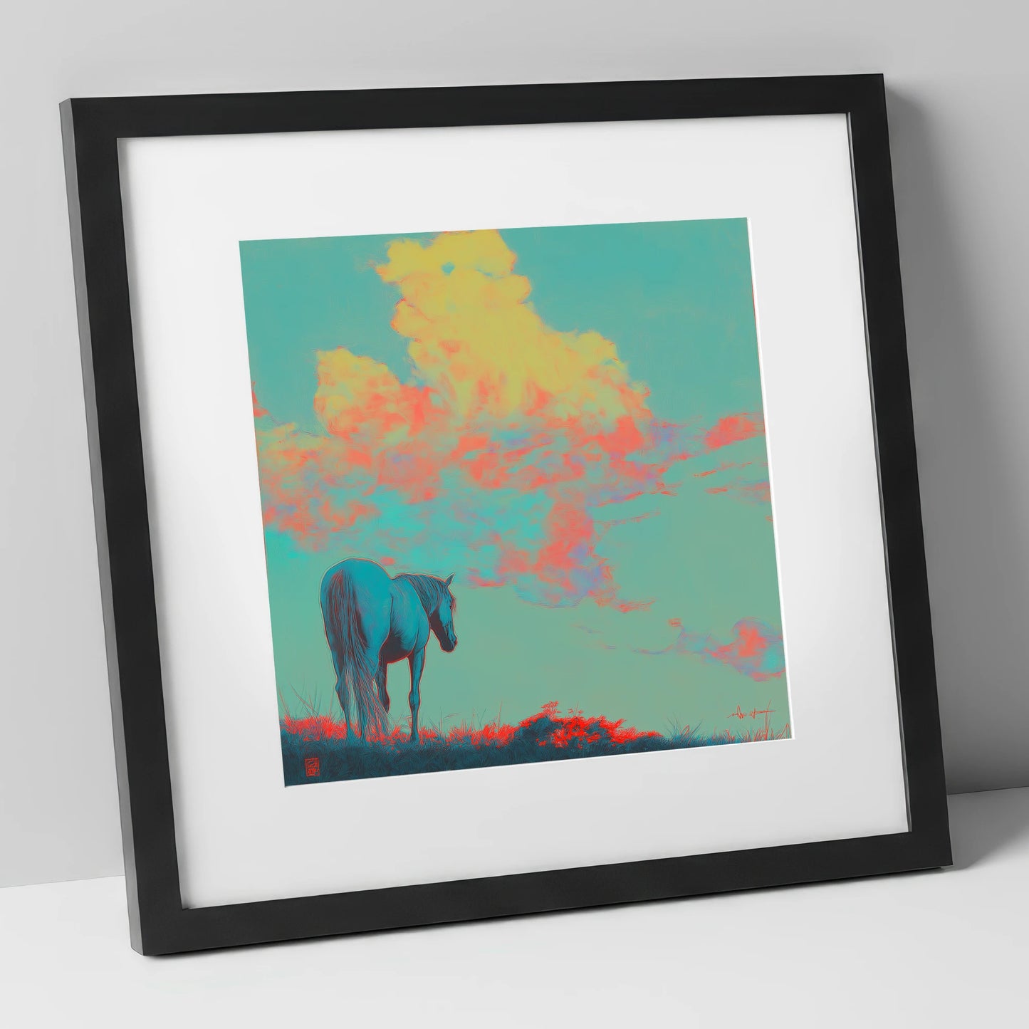 Cyan Horizon horse landscape art print in black frame