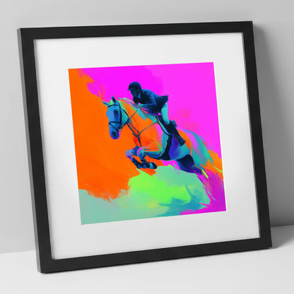 Technicolour Flight show jumping horse art print in black frame