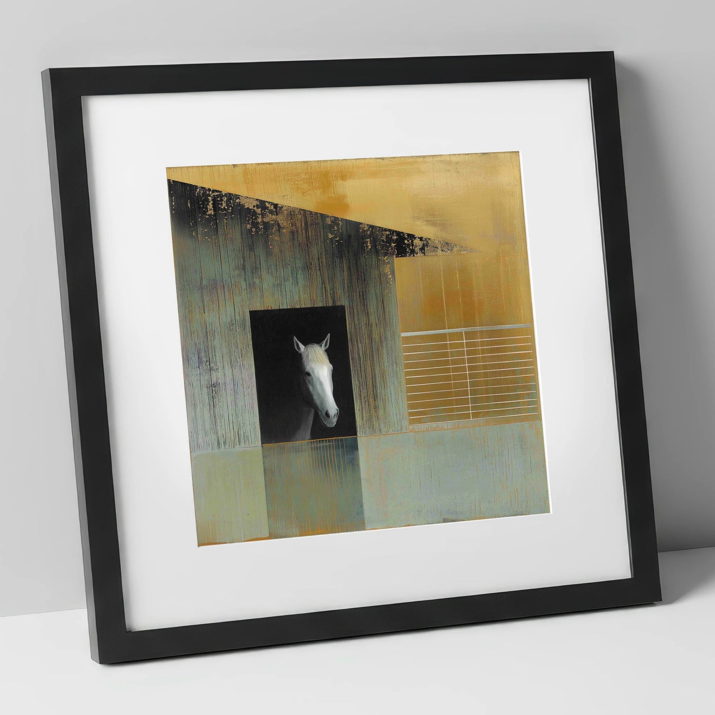 The Quiet Observer horse stable art print in black frame