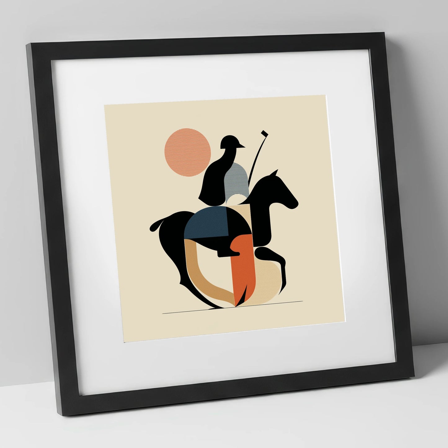 Mid-Century Polo Match polo horse art print in black frame
