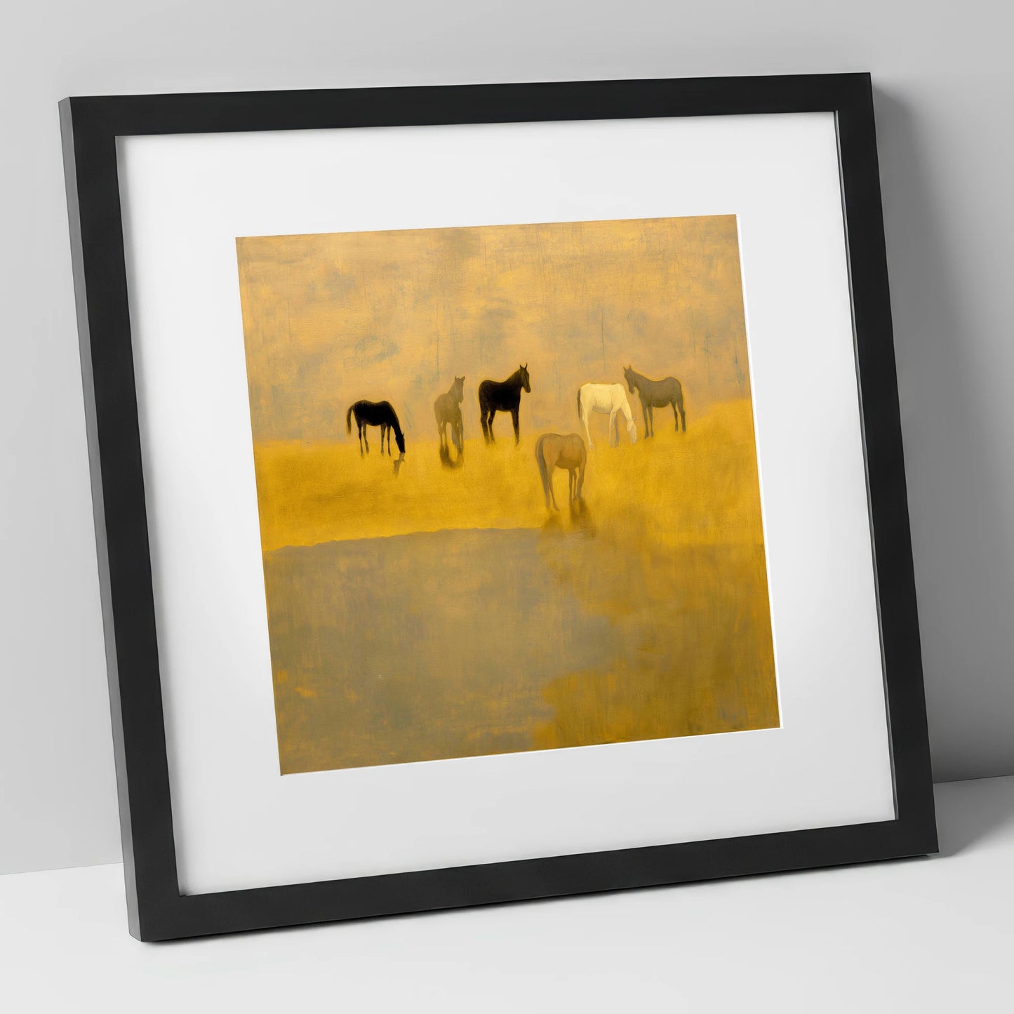 Golden Haze Grazing wild horses art print in black frame