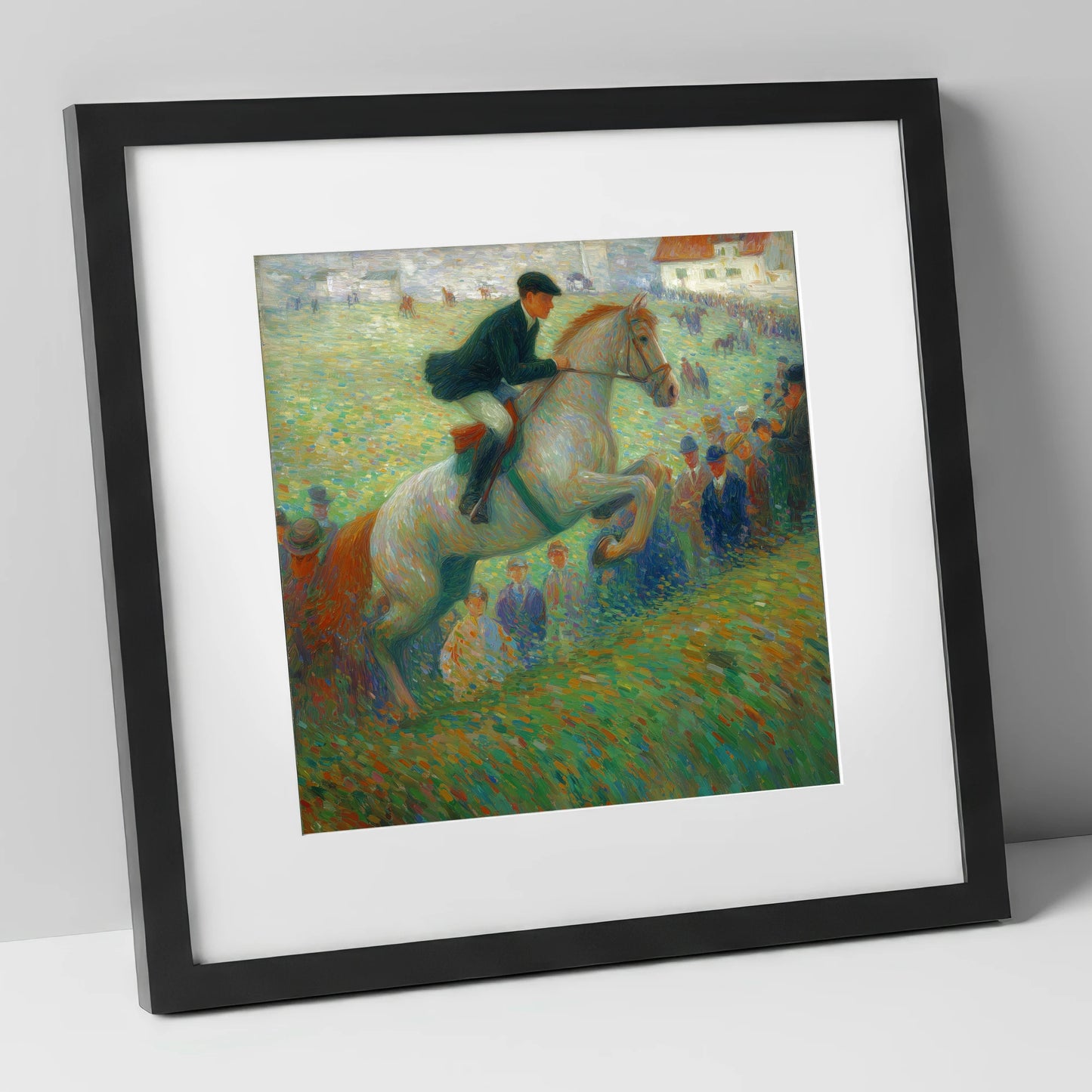 Luminous Grey in Flight show jumping horse art print in black frame