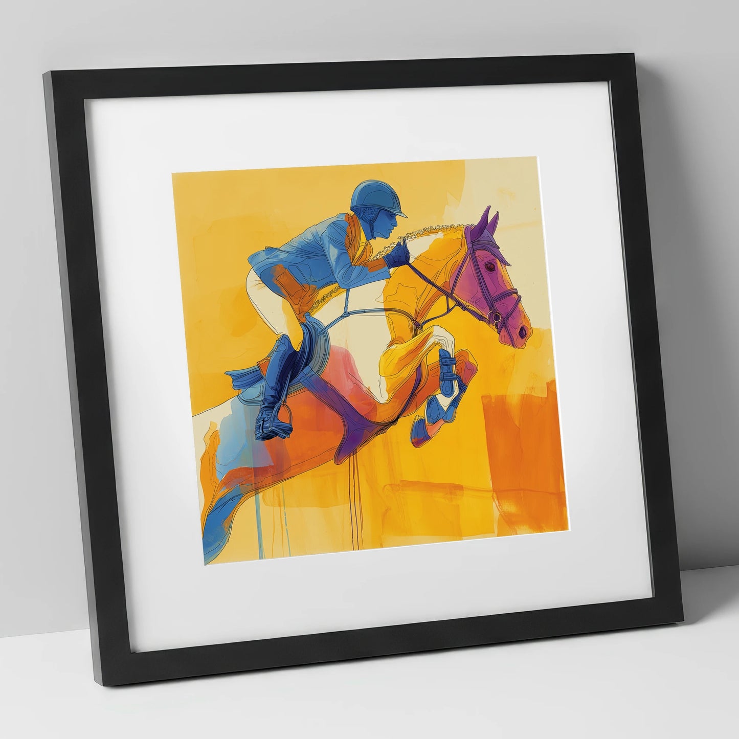 Airborne in Cobalt show jumping horse art print in black frame