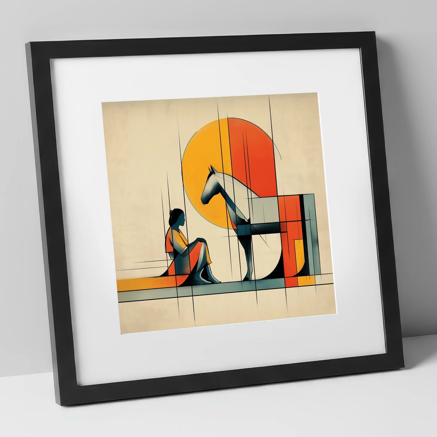 Structured Harmony horse & rider art print in black frame