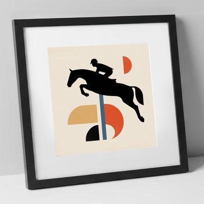 Retro Geometric Showjumper show jumping horse art print in black frame