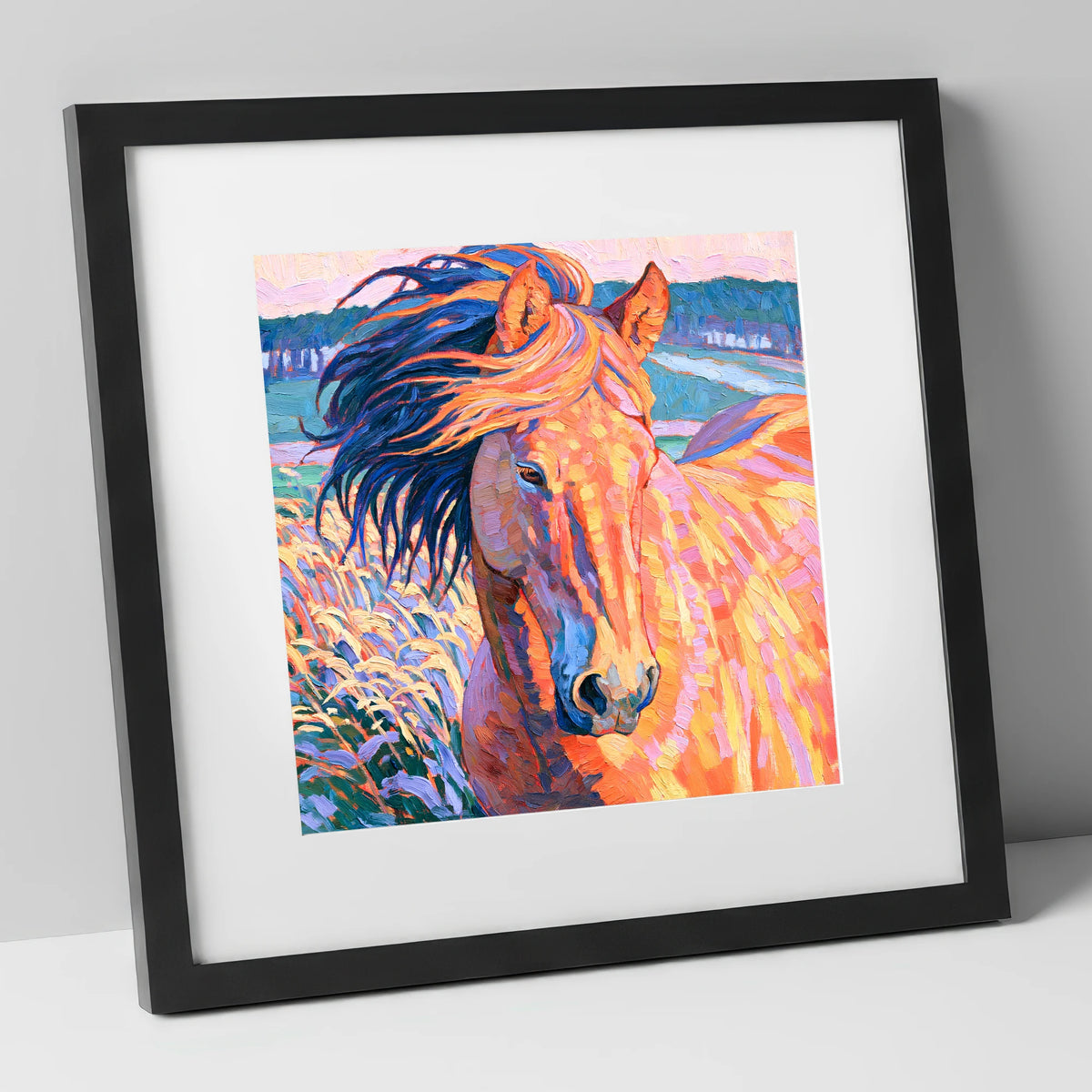 Vibrant Windblown Horse Portrait horse breed art print in black frame