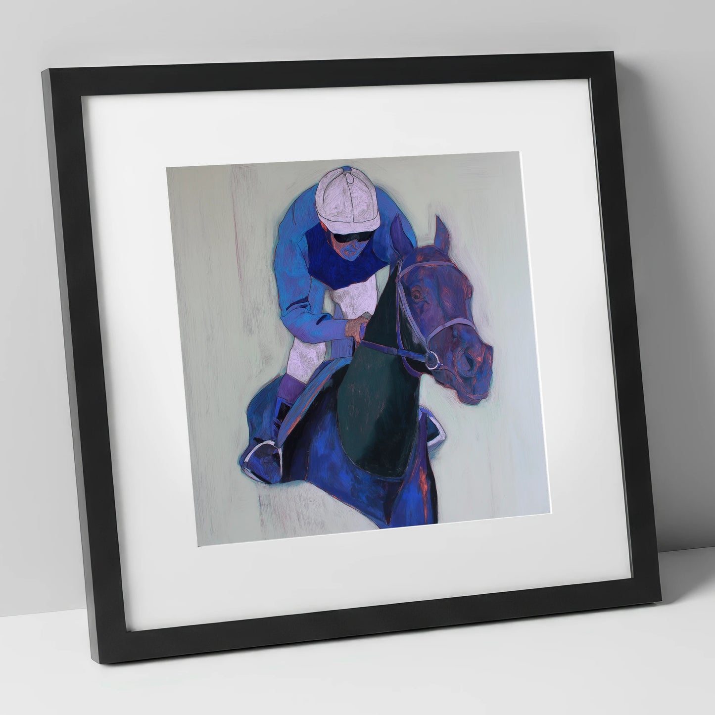Focused in Blue racing horse art print in black frame