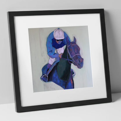 Focused in Blue racing horse art print in black frame