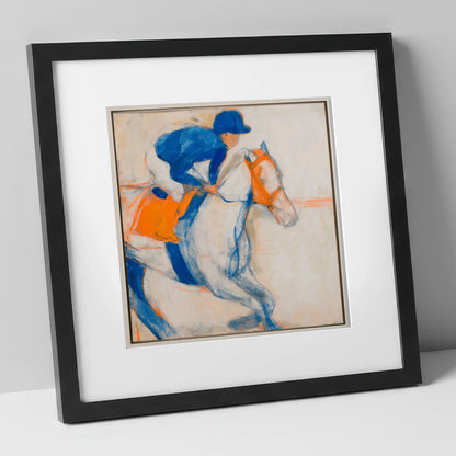 Bold Ultramarine Gallop racing horse art print in black frame