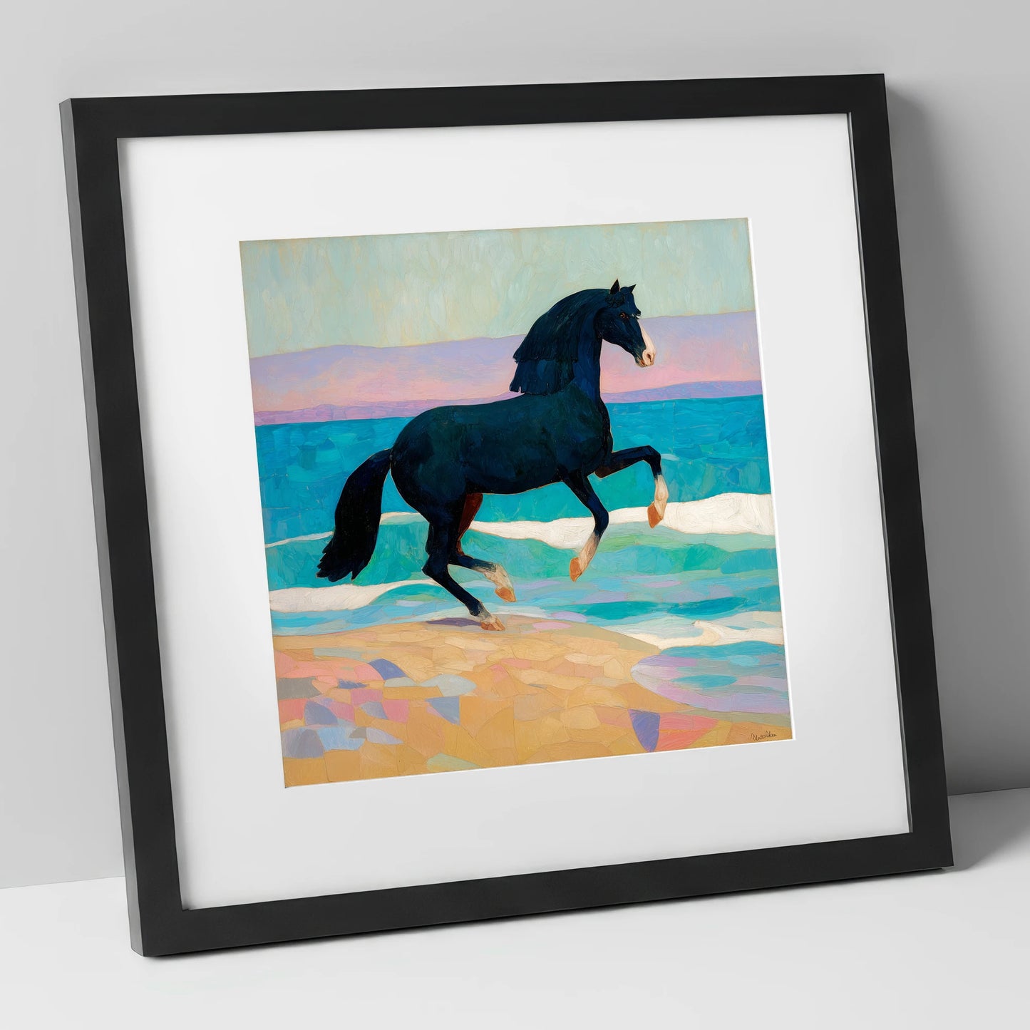 Azure Coastal Rhythm horse landscape art print in black frame