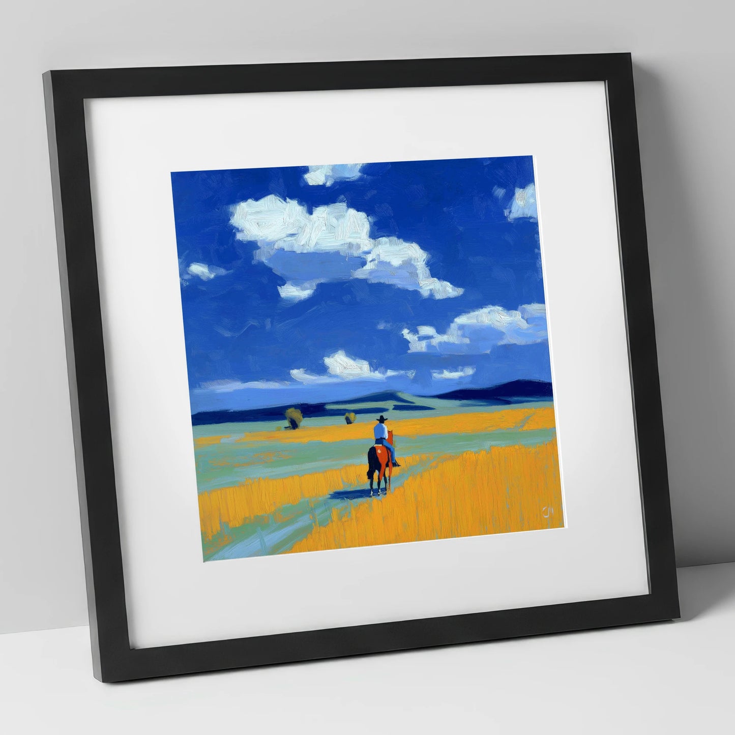 Riding the Big Sky western horse art print in black frame