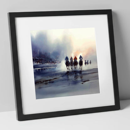 Out of the Mist racing horse art print in black frame