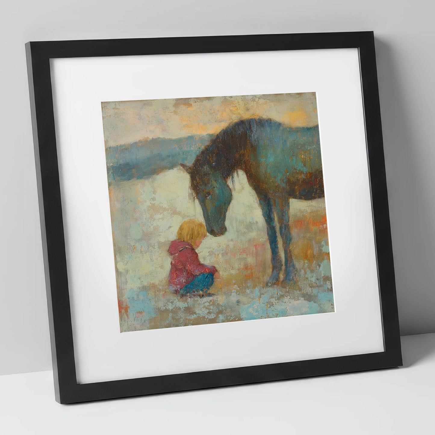 A Quiet Understanding horse & rider art print in black frame