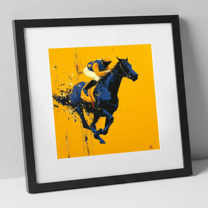 Midnight Pace on Gold racing horse art print in black frame