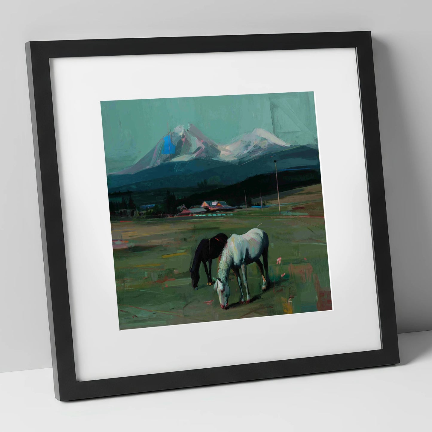 Companions Beneath the Peak horse landscape art print in black frame