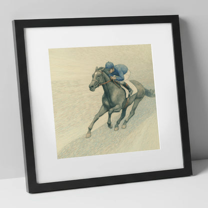 The Slate Grey Gallop racing horse art print in black frame