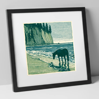 Coastal Waters Retreat horse landscape art print in black frame
