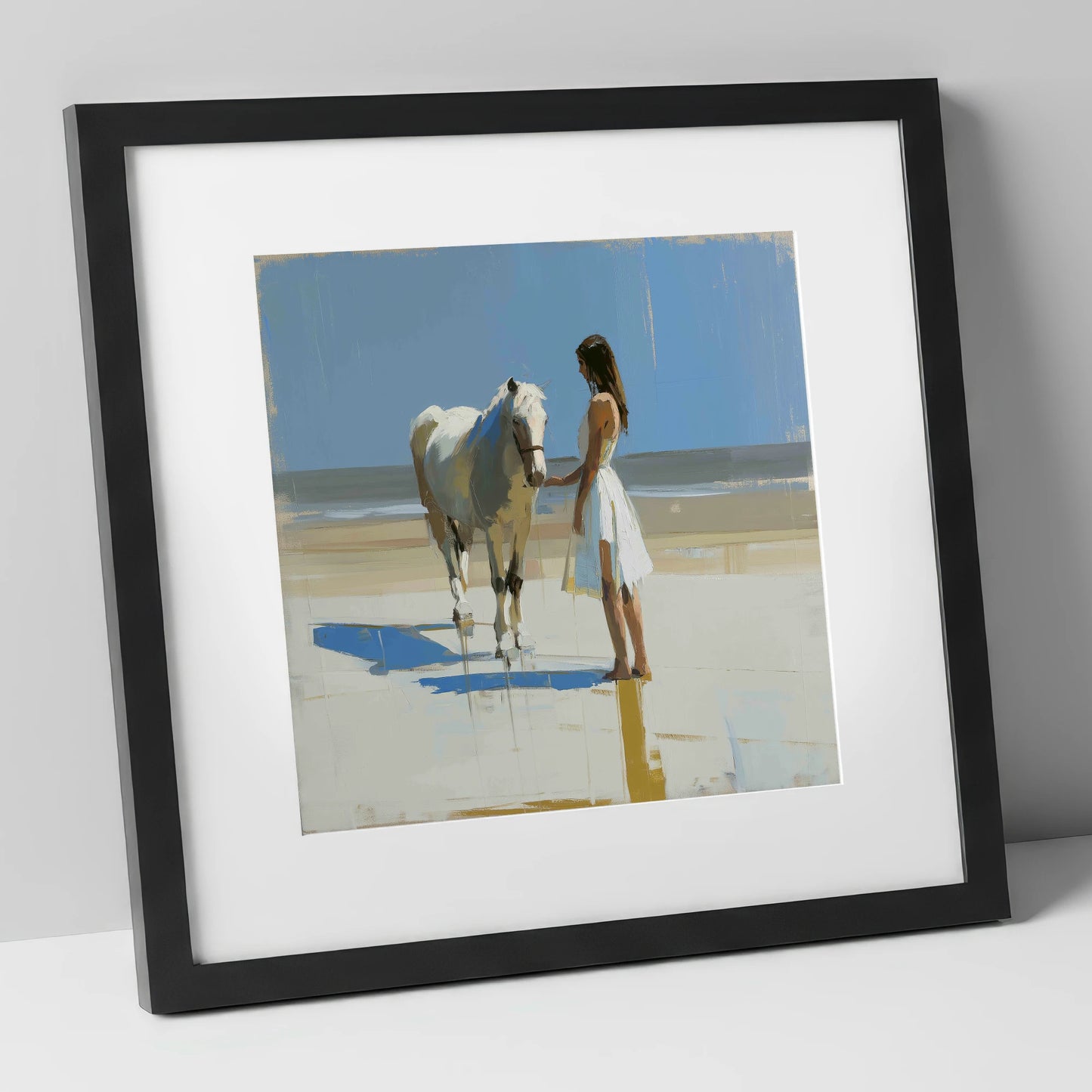 Serenity at Tide's Edge horse & rider art print in black frame
