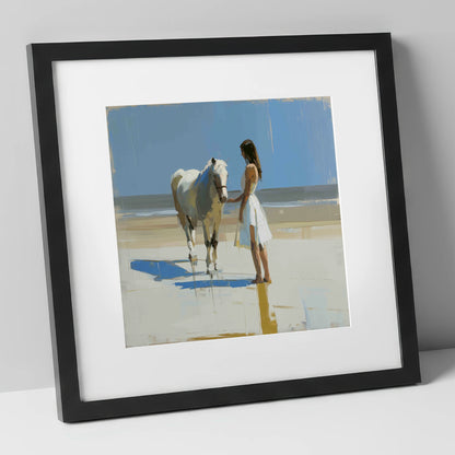 Serenity at Tide's Edge horse & rider art print in black frame
