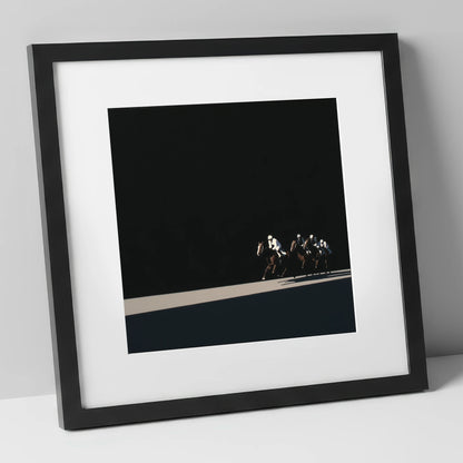 Speed in Shadows racing horse art print in black frame