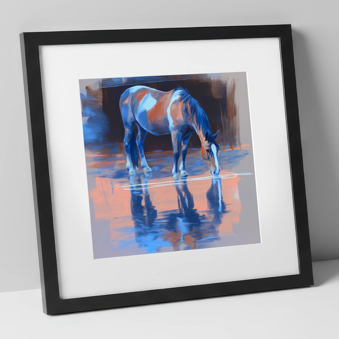Tranquil Reflection horse portrait art print in black frame