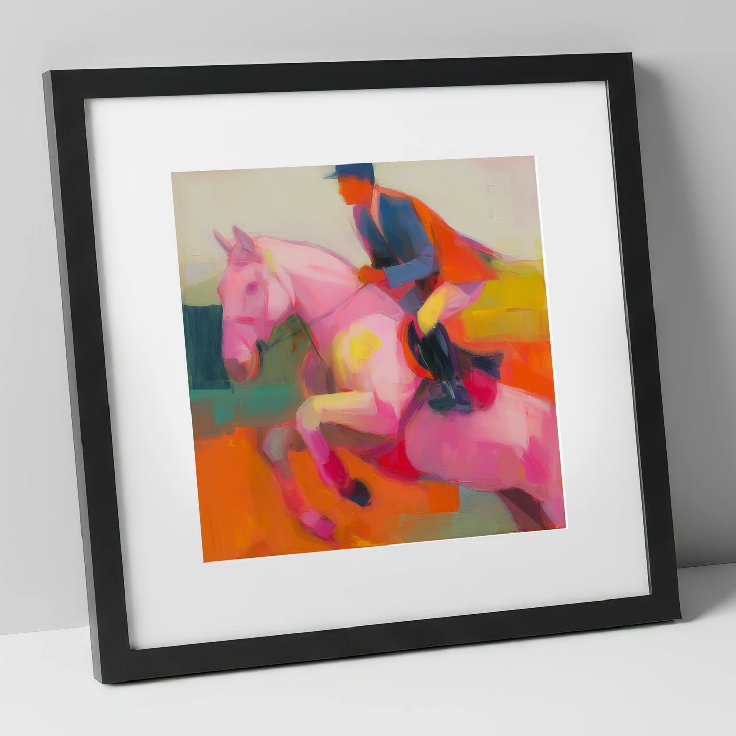 The Vivid Leap show jumping horse art print in black frame