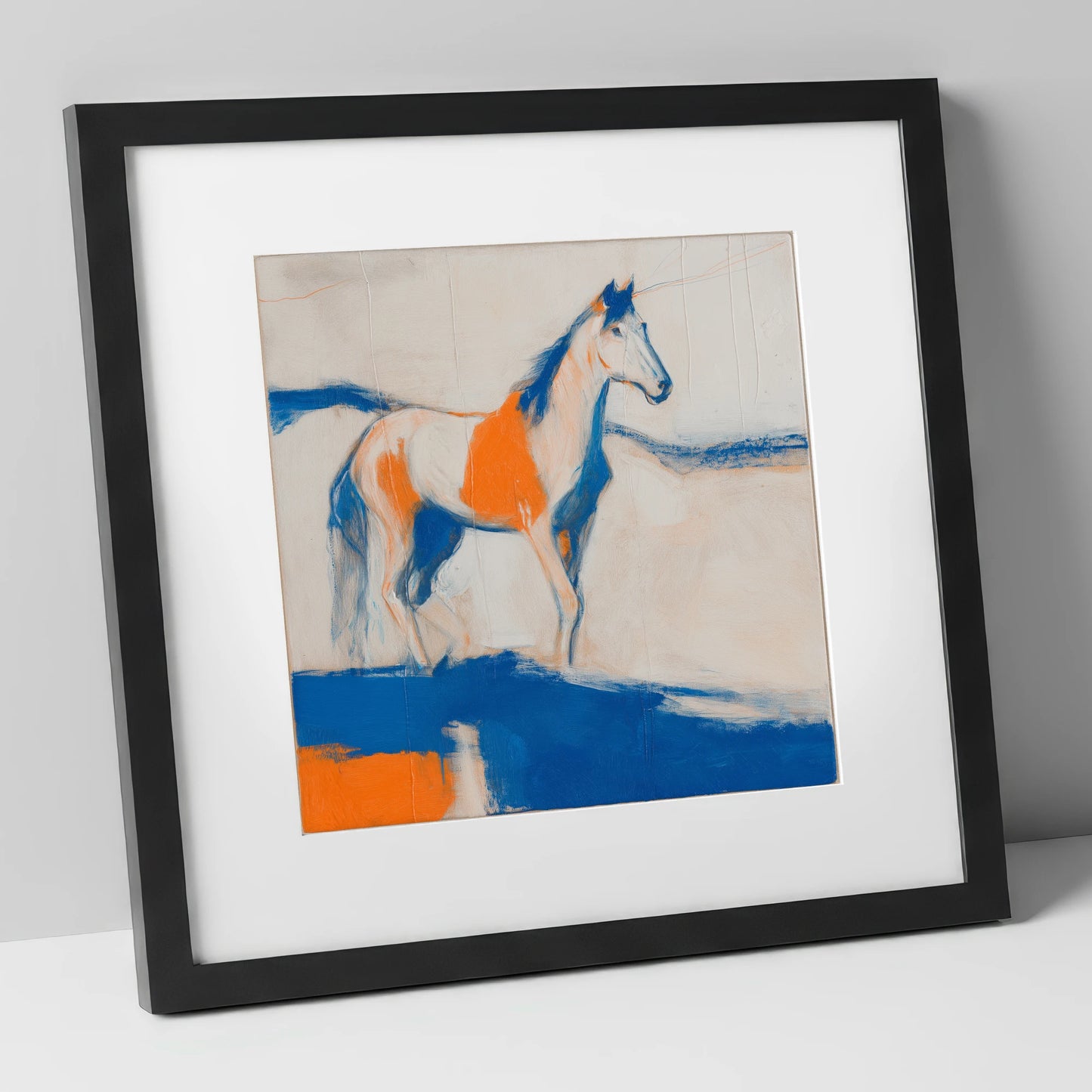 Ultramarine and Orange Profile horse portrait art print in black frame