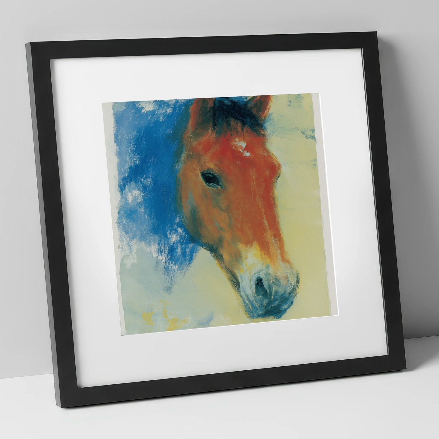 Expressive Cerulean Equine Study horse portrait art print in black frame