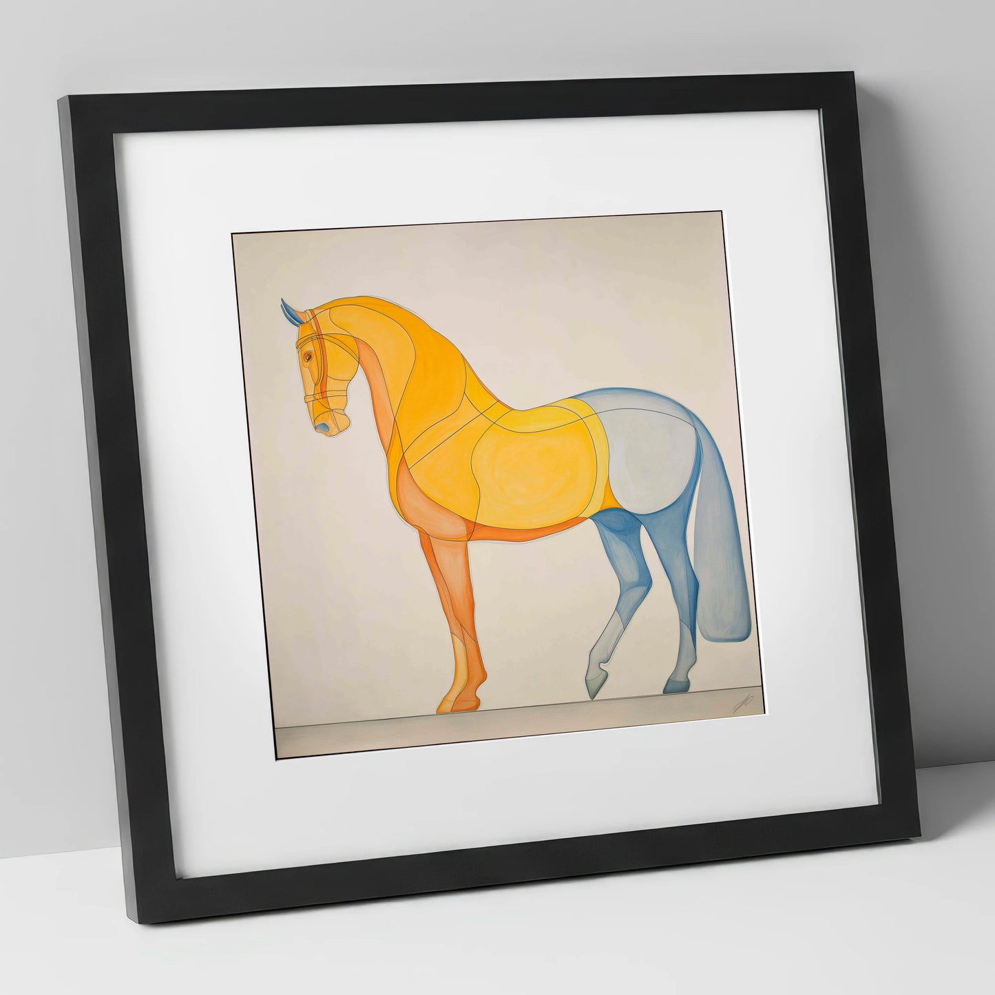 Amber and Slate Harmony dressage horse art print in black frame