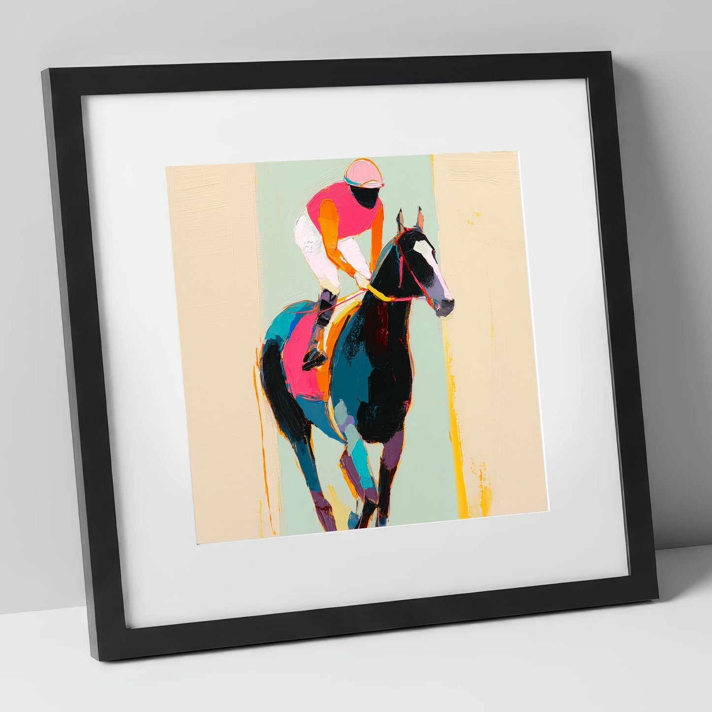 The Bold Contender racing horse art print in black frame