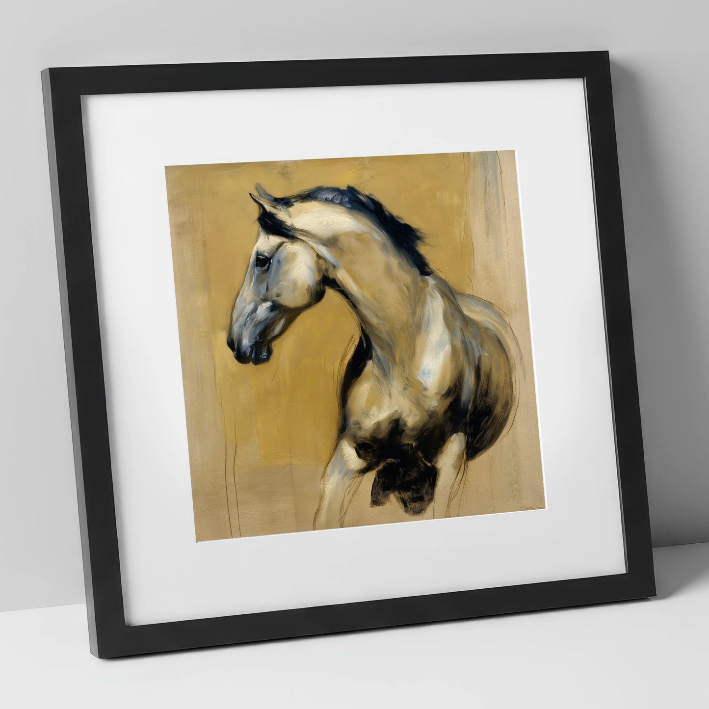 Spirited Ochre Profile horse portrait art print in black frame