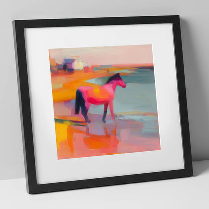 Vibrant Coastal Mirage horse landscape art print in black frame