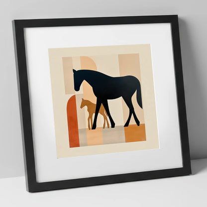 Mid-Century Maternal Bond mare & foal art print in black frame