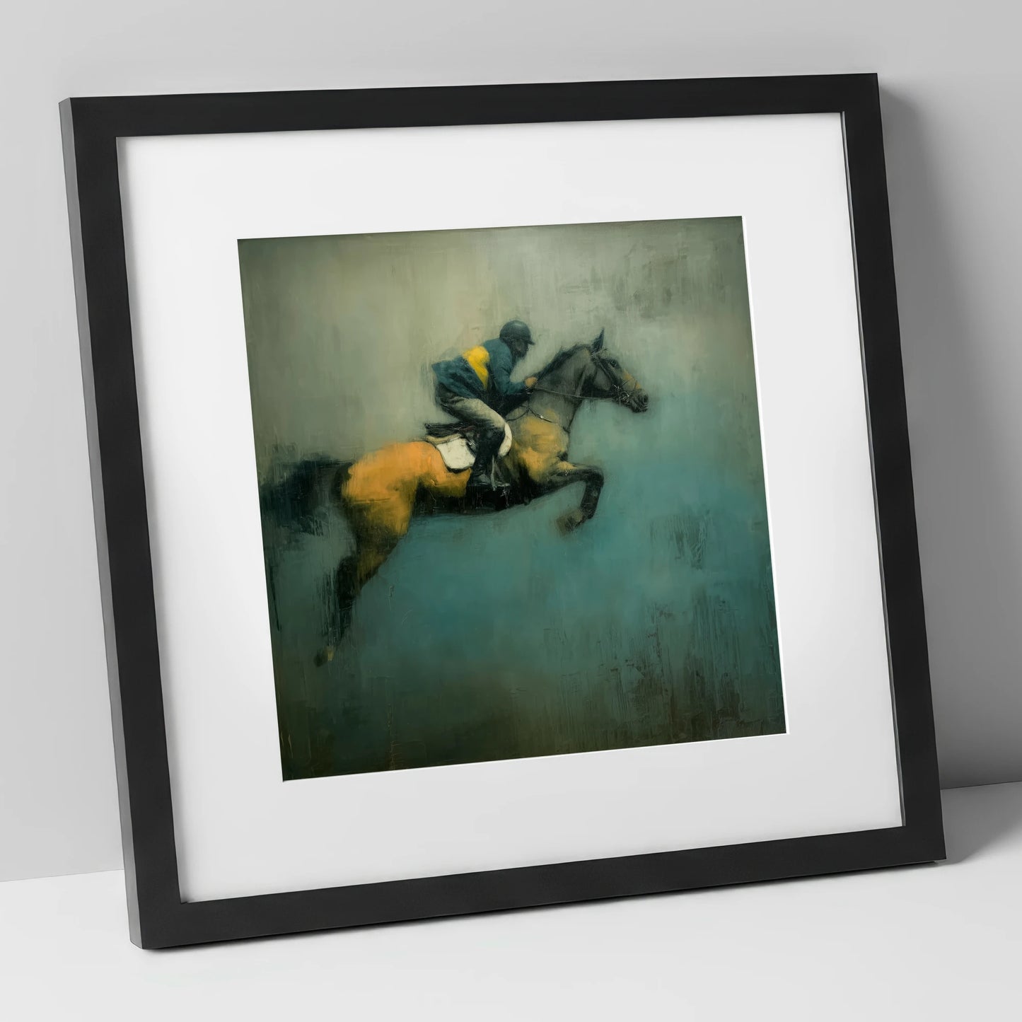 Suspended Momentum show jumping horse art print in black frame