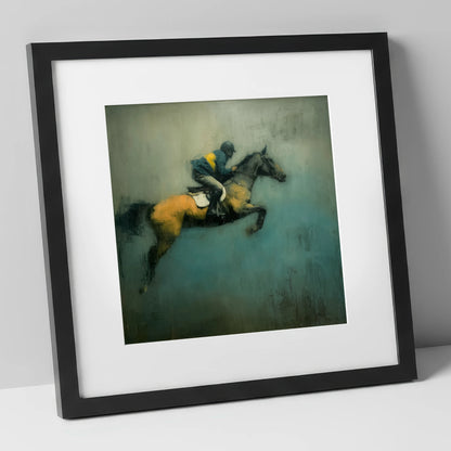 Suspended Momentum show jumping horse art print in black frame
