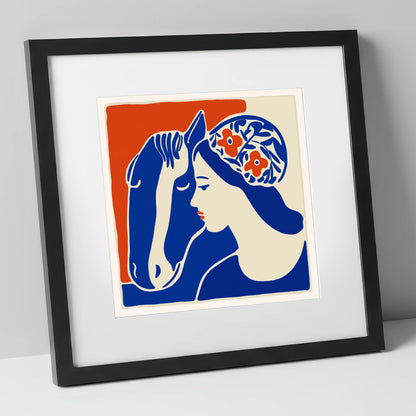 Cobalt Equine Bond horse & rider art print in black frame