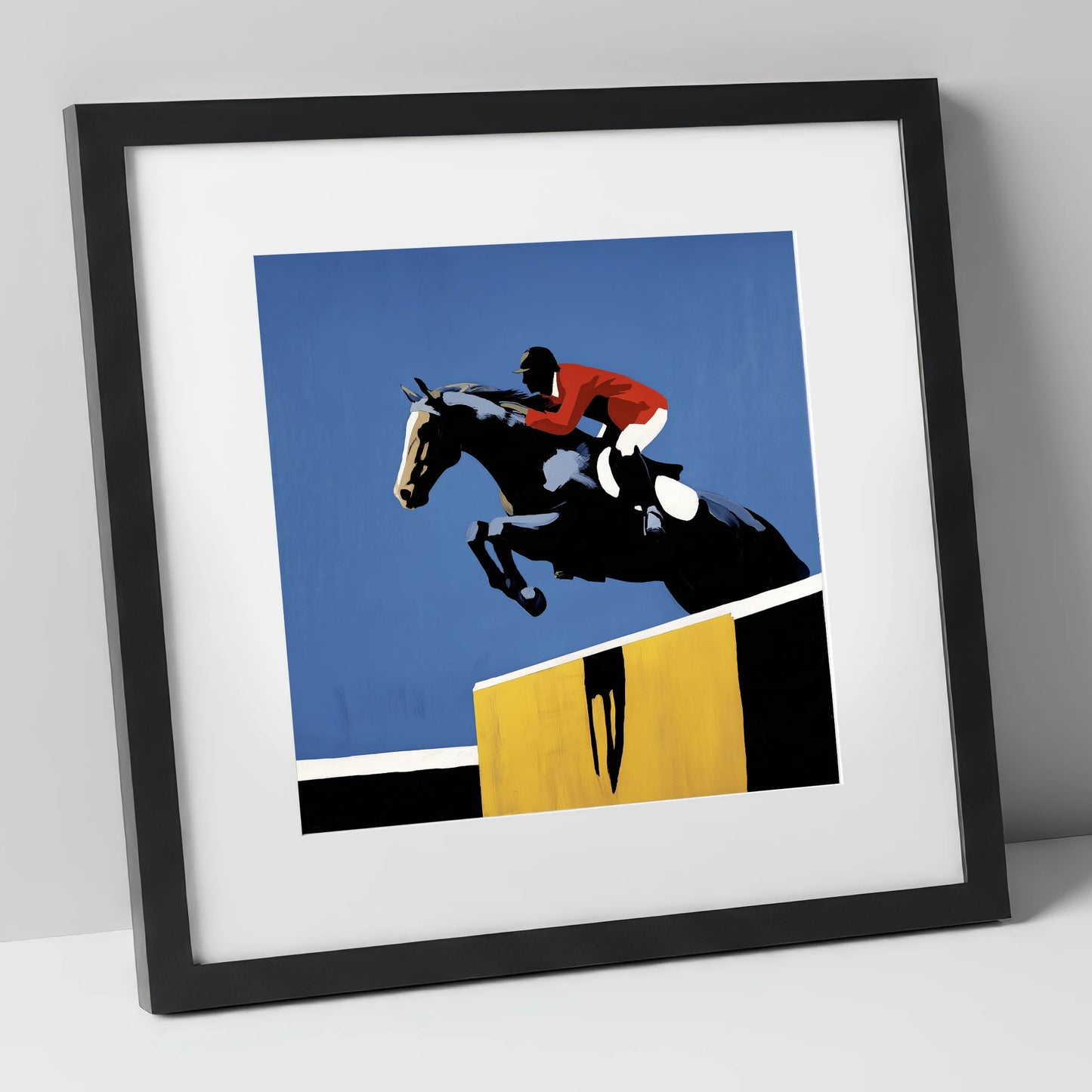 Suspended in Blue show jumping horse art print in black frame