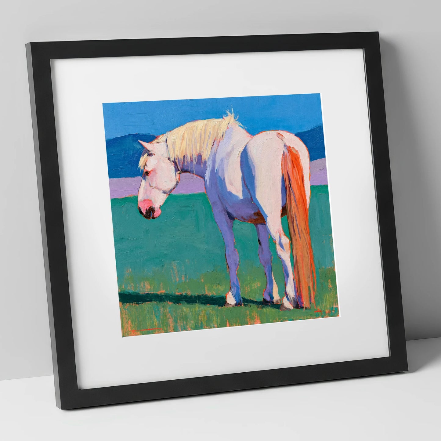 White Horse in Vibrant Light horse breed art print in black frame