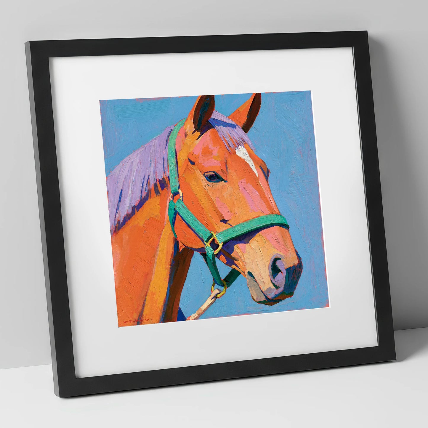 Colourful Chestnut Horse Portrait horse breed art print in black frame