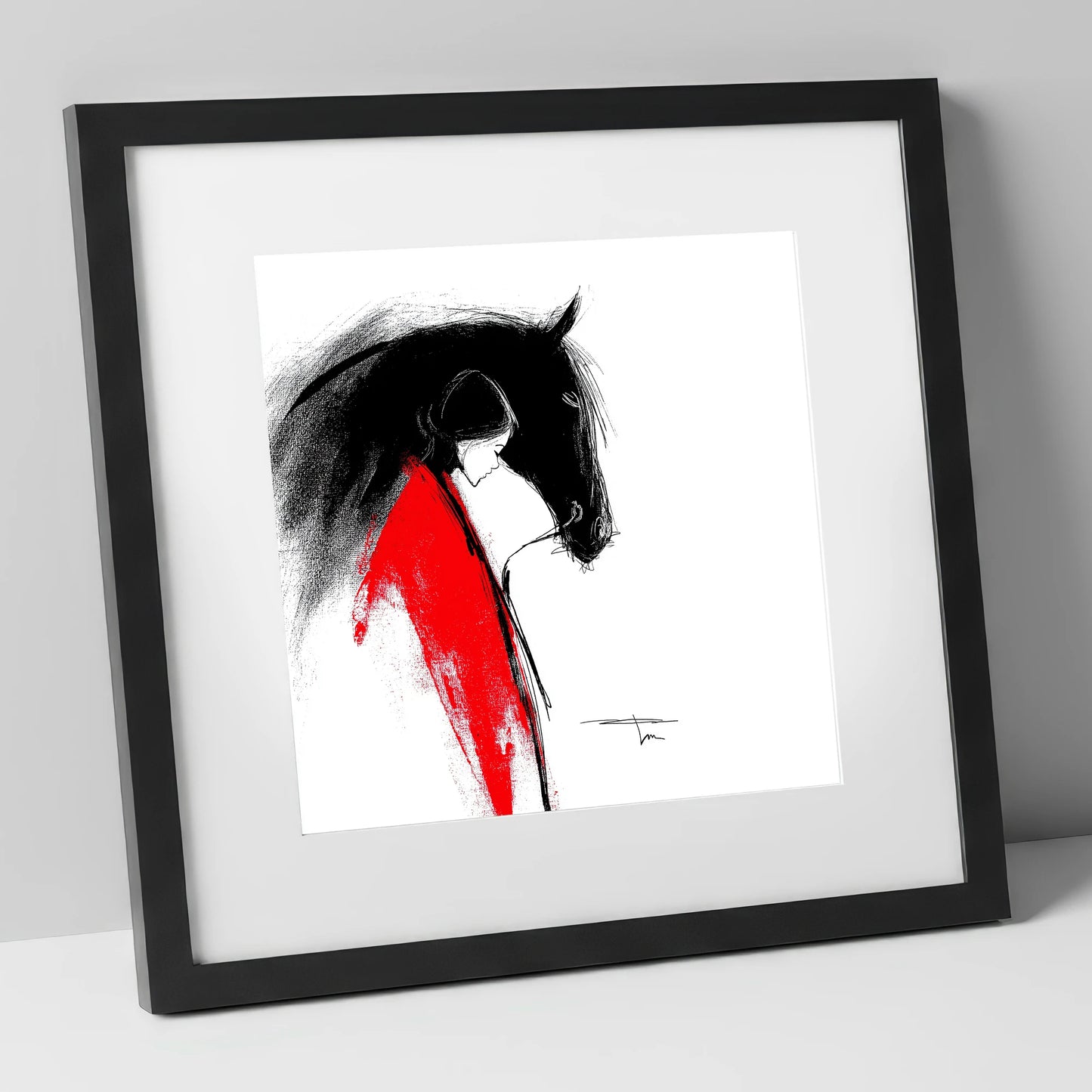 Crimson Connection horse & rider art print in black frame
