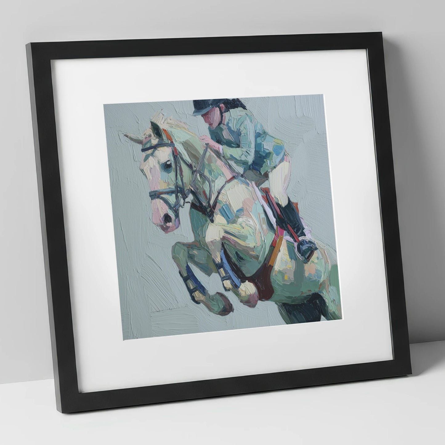Pastel Flight Mid-Air show jumping horse art print in black frame