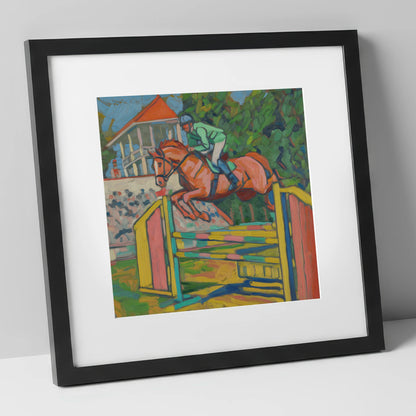 Clearing the Colours show jumping horse art print in black frame