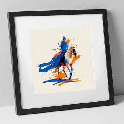 Cobalt Canter dressage horse art print in black frame