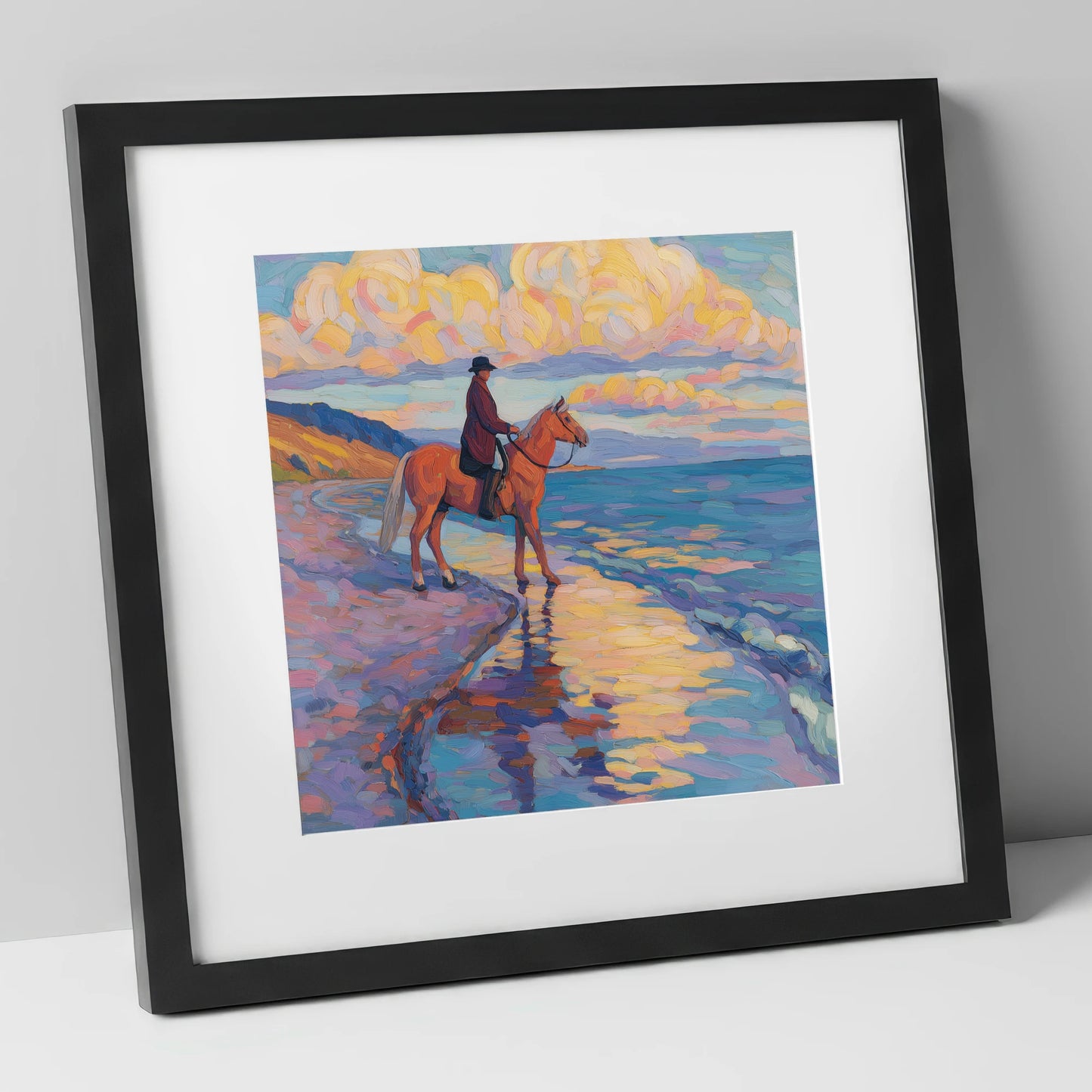 Sunset Coastal Reflections beach horse art print in black frame