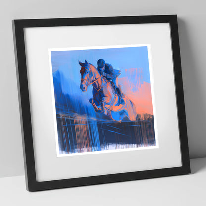Suspended in Cobalt show jumping horse art print in black frame