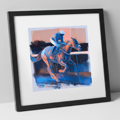 Cobalt Stride racing horse art print in black frame