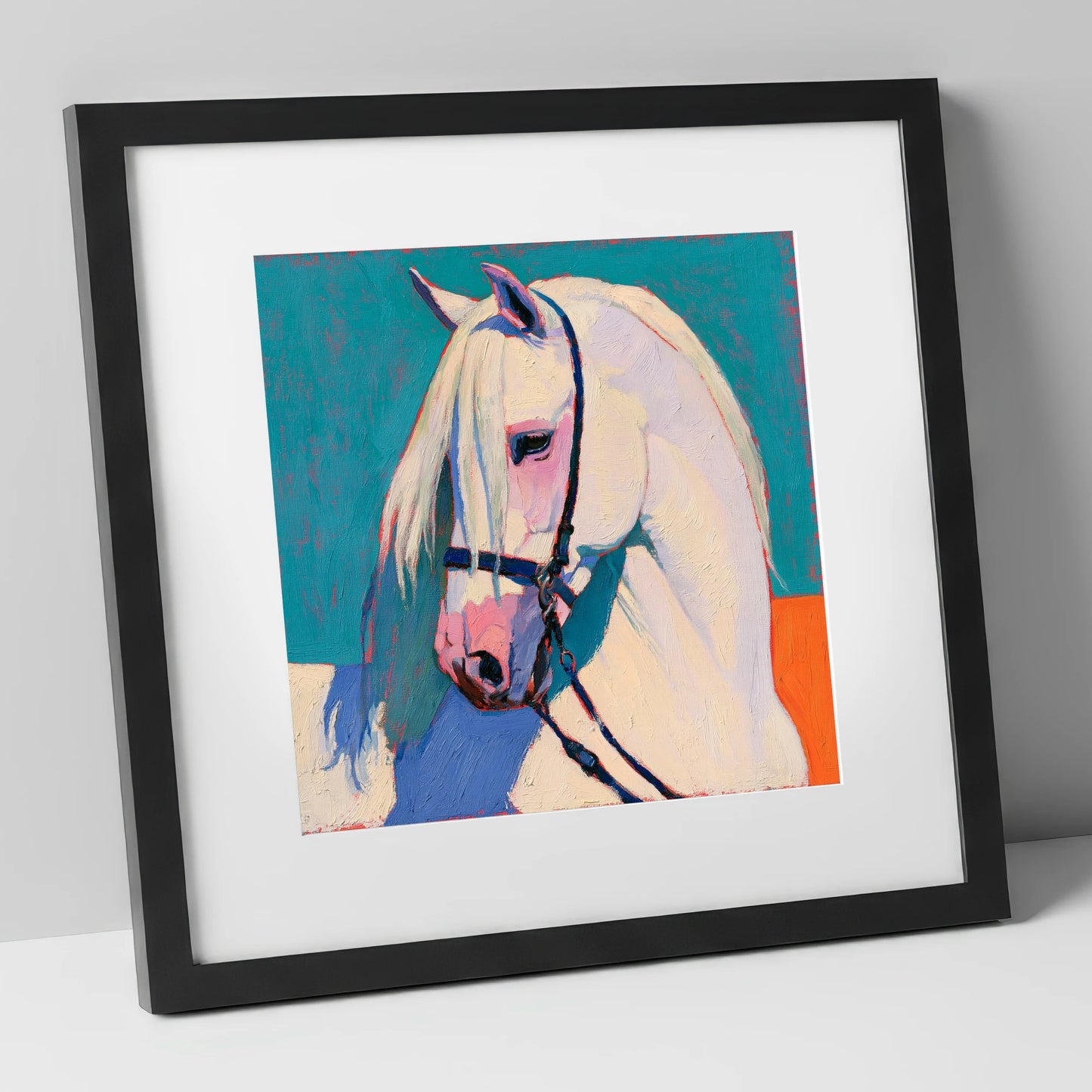 Vibrant Grey Horse on Teal horse breed art print in black frame