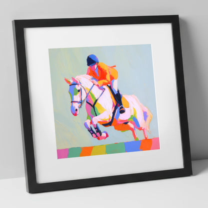 Technicolour Flight show jumping horse art print in black frame